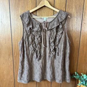 Cato Plus Size 18W 20W Brown Lace Ruffle Tie Neck Sleeveless Top